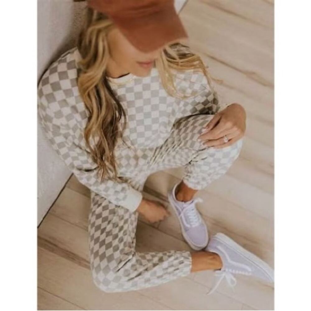 Rylee + Cru SET Checkered 2 Piece Lounge Sweatshirt Sweatpants Womens Size XS